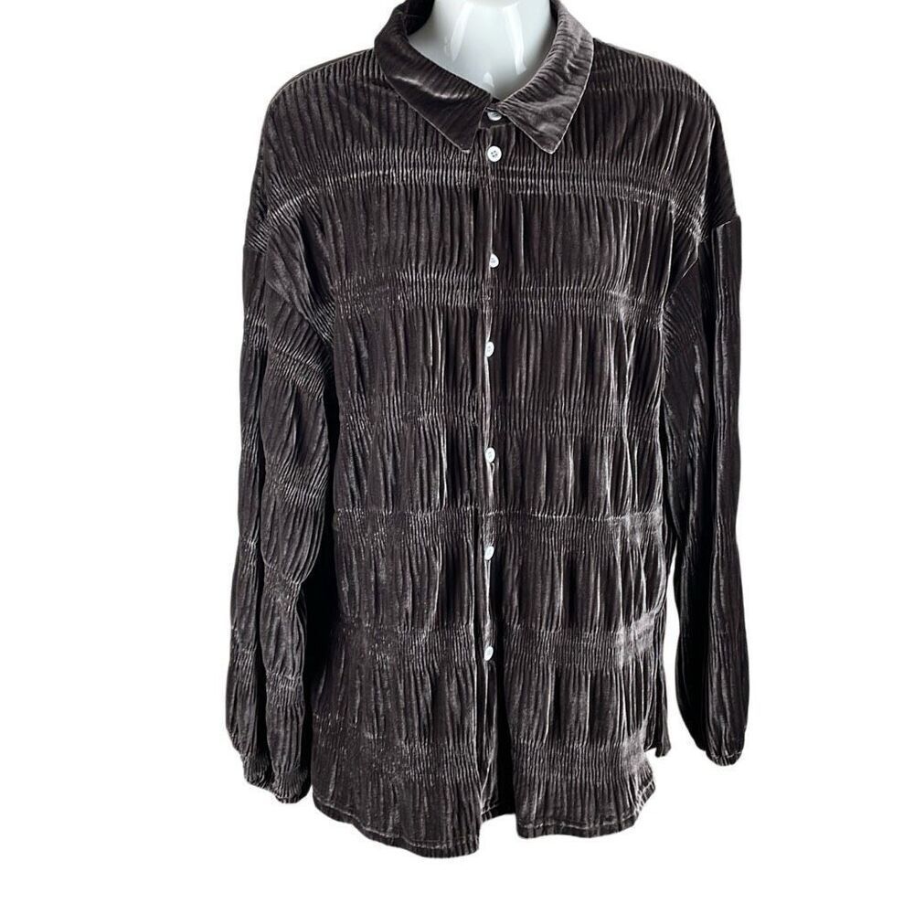 Shirred Velour Button Front Top Cocoa Brown M - image 1